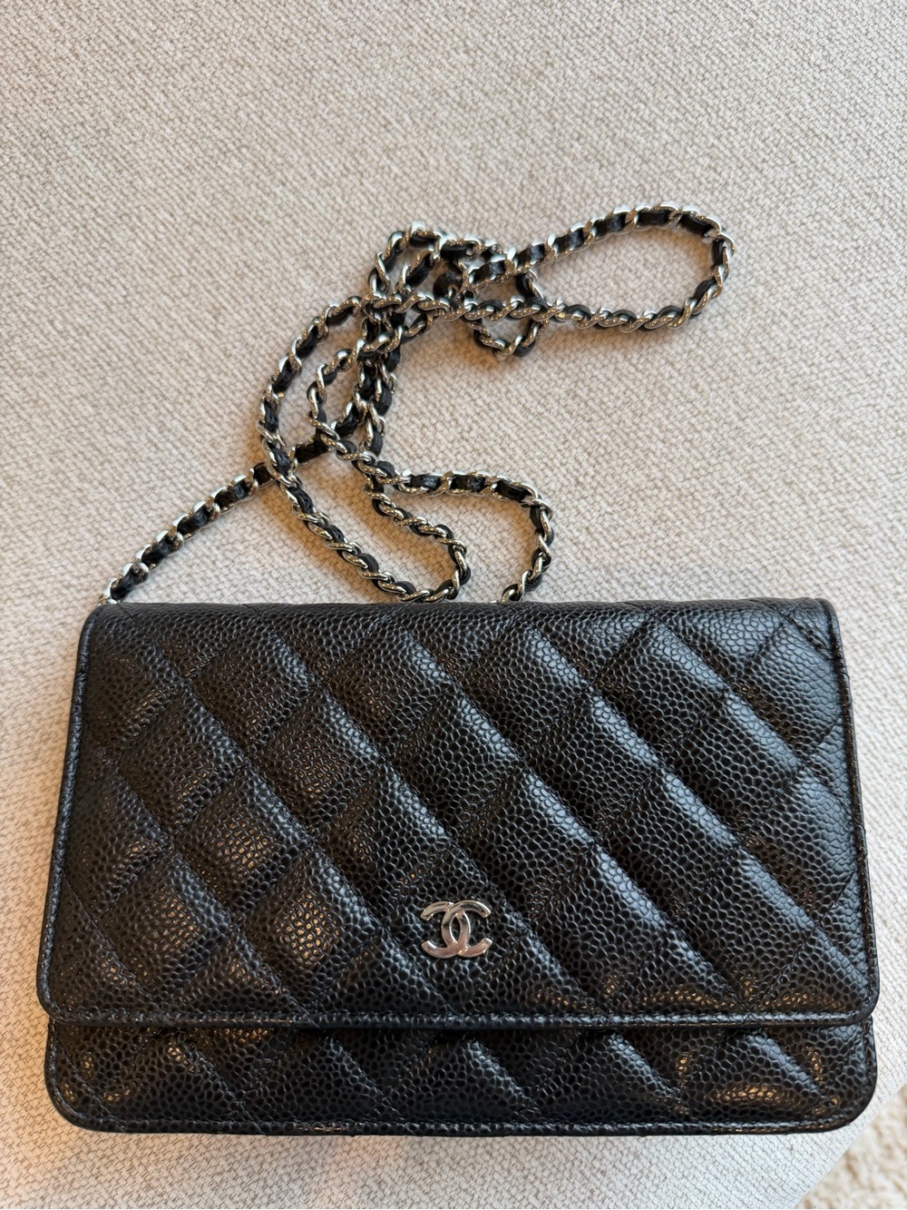 CHANEL WOC Black Quilted Caviar Crossbody with Silver Chain